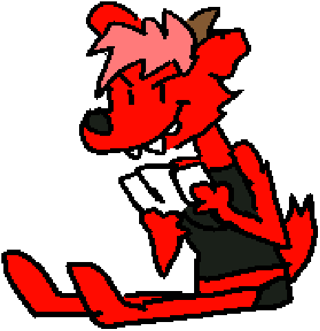 My fursona, Billie, sitting and playing cards with a devilish look on her face.